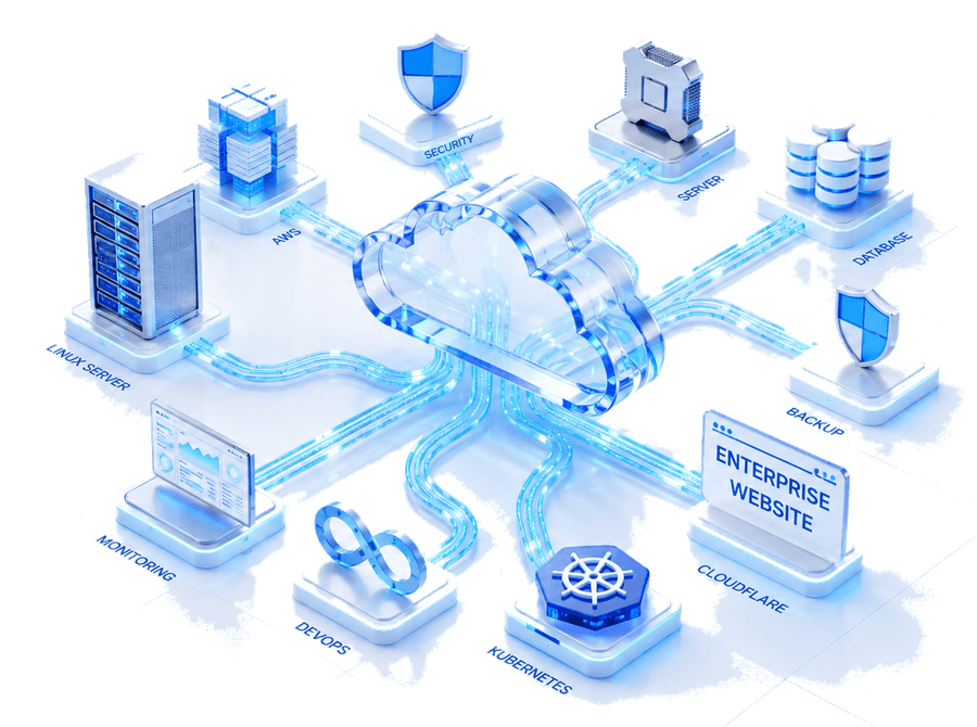WebTechnovas cloud infrastructure core connected to servers, databases, security, monitoring and edge nodes